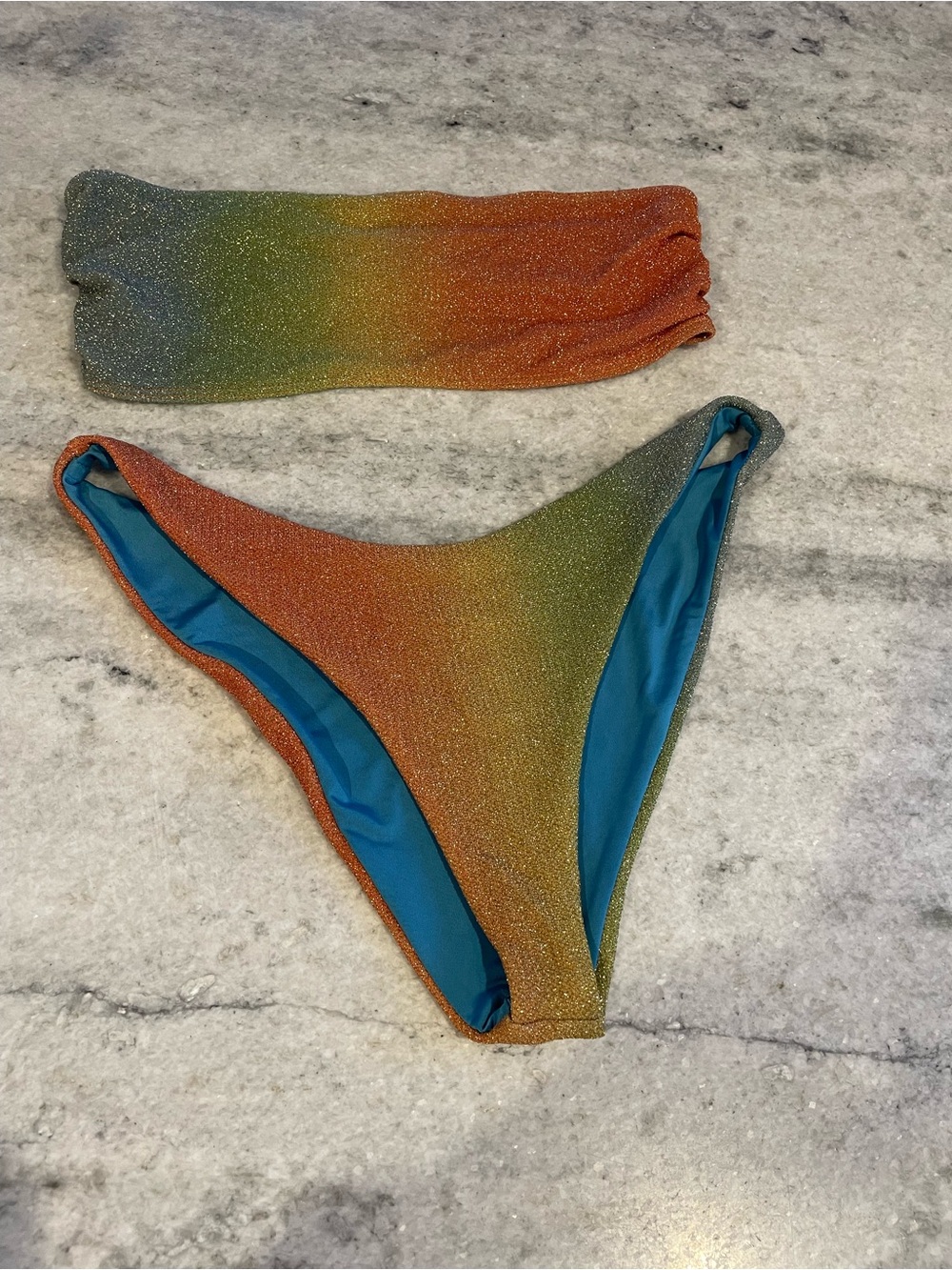 Beach Riot Glitter Ombre Bandeau Bikini set- Orange Teal Green